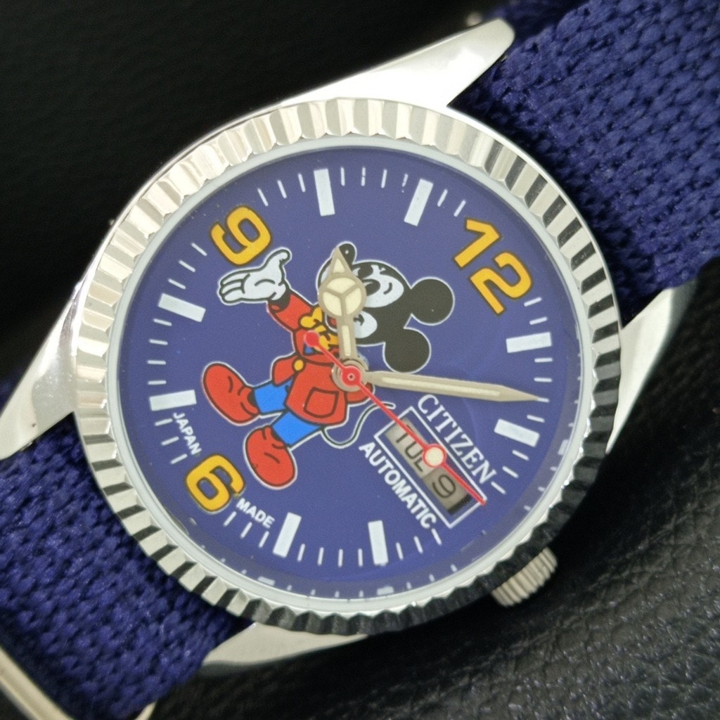 Vintage 1974 Citizen Disney Automatic Mens Silver Watch WDaydate  Blue Accents